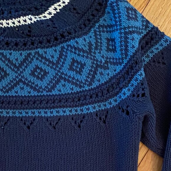 Small LL Bean Women's Signature 100% Cotton Fisherman Cardigan Fair Isle Navy - Picture 7 of 8